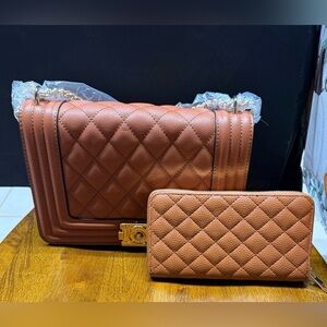 NWT Elegant Brown Quilted Women's Adjustable Crossbody Bag and Matching Wallet